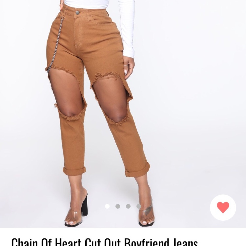 Chain of Heart Cutout Boyfriend Jeans- Cognac
